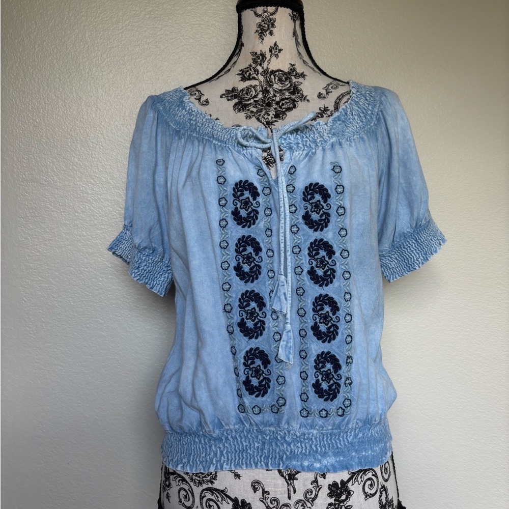 Smocked Light Blue Embroidered Peasant Blouse - Picture 1 of 13